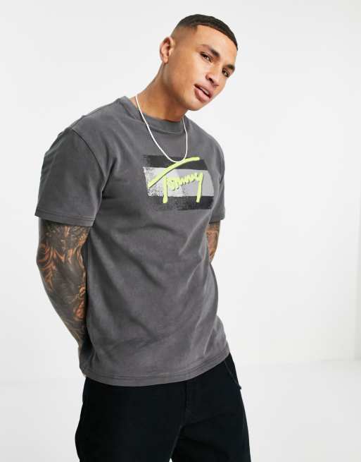 Tommy Jeans faded flag script logo t shirt in black ASOS