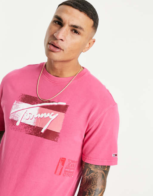 Tommy Jeans faded flag script logo t shirt in cerise pink