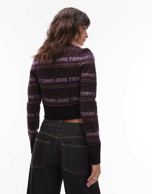 Tommy Jeans fairisle logo cardigan in black and purple, 3 of 4