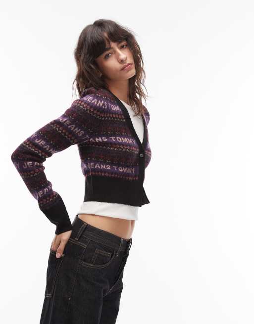 Tommy Jeans fairisle logo cardigan in black and purple, 4 of 4