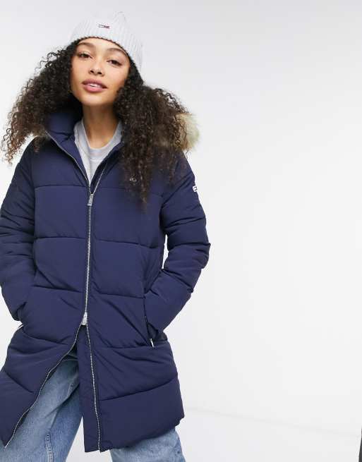 Tommy Jeans faux fur hood puffer coat in navy | ASOS