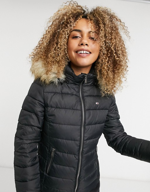 Tommy Jeans faux fur hooded padded jacket in black