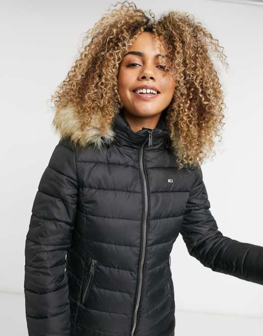 bryder daggry Blossom Næsten Tommy Jeans faux fur hooded padded jacket in black | ASOS