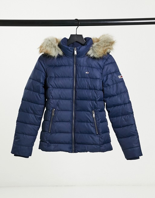 Tommy Jeans faux fur hooded padded jacket in navy