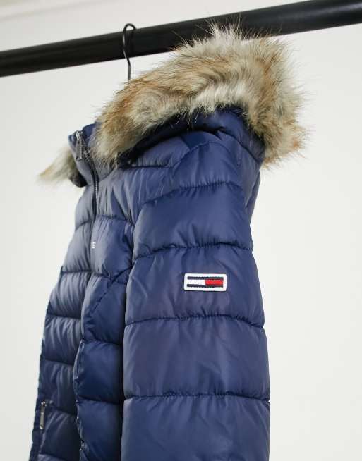 Tommy Jeans faux fur hooded padded jacket in navy
