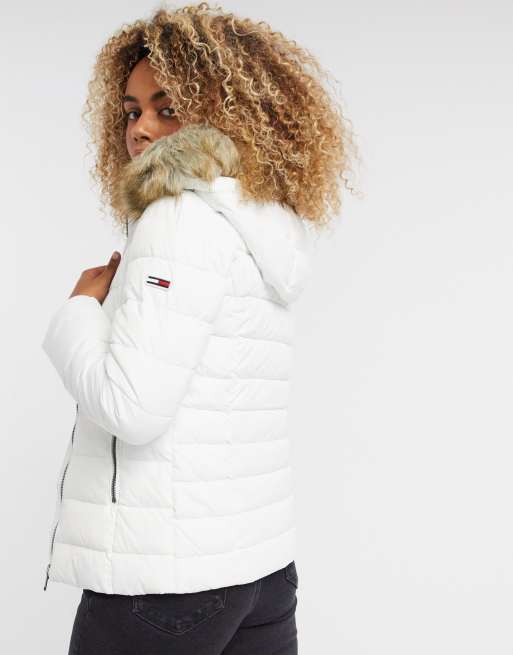 Tommy Jeans faux fur hooded padded jacket in white