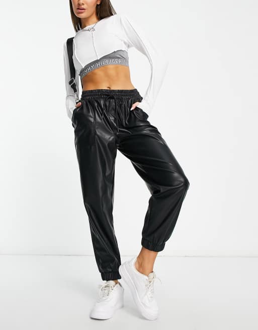 Tommy Jeans faux leather sweatpants in black ASOS