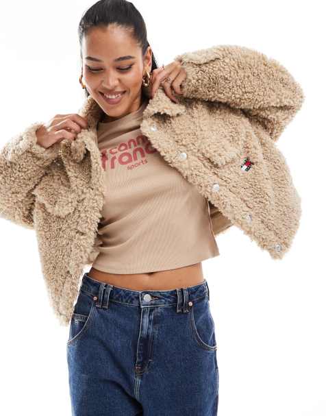 Tommy Jeans faux shearling cropped jacket in tan - view 1