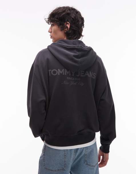 Tommy Jeans - Felpa con cappuccio comoda squadrata nero slavato con zip - view 1