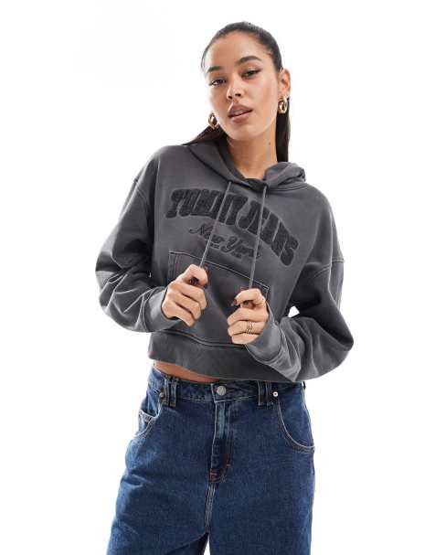 Tommy Jeans - Felpa con cappuccio taglio corto grigio slavato con logo - view 1