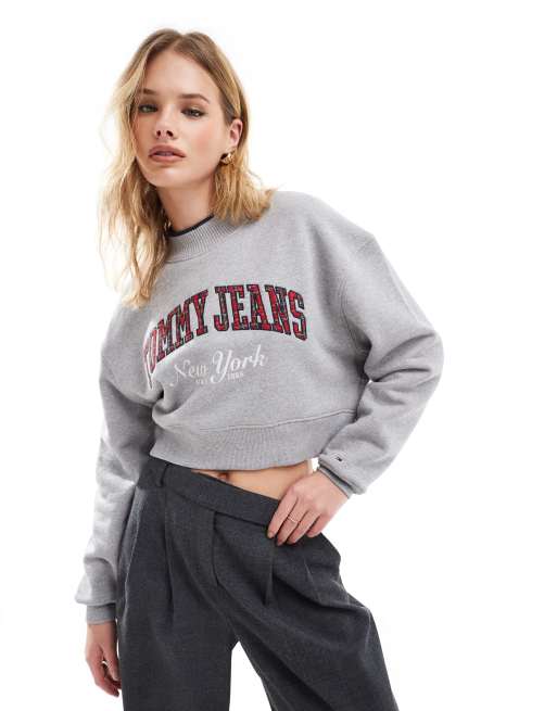 Tommy Jeans - Felpa corta accollata stile college grigia, 3 di 4