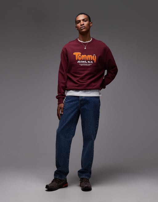 Tommy Jeans - Felpa in bouclé bordeaux con logo arancione, 2 di 5