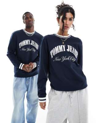 Tommy Jeans - Felpa unisex girocollo blu navy con profili stile college