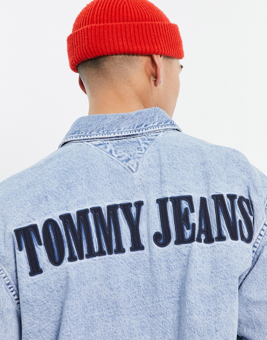 Tommy Jeans flag & back logo denim overshirt in light wash-Blue