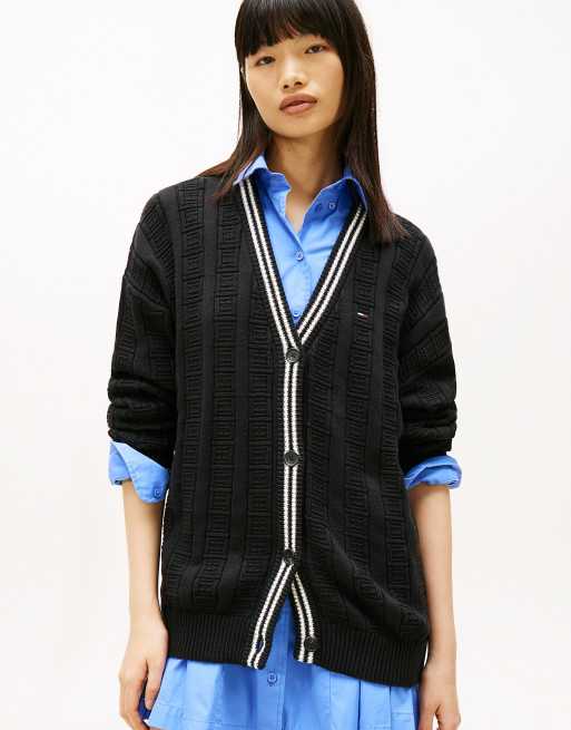 Tommy Jeans Flag cable knit relaxed cardigan in black