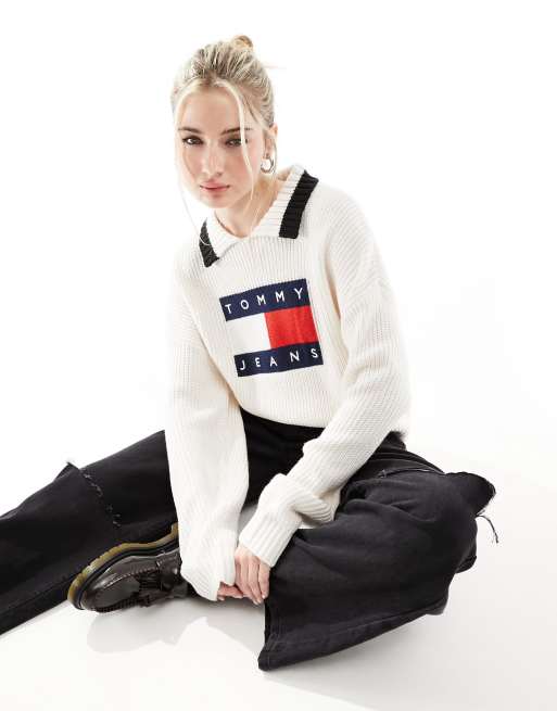 Tommy Jeans flag collar sweater in white