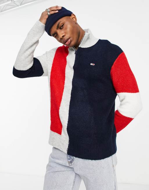 Tommy Jeans flag color block half zip knit sweater relaxed fit in