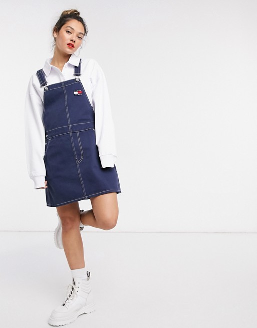 Tommy Jeans flag dungaree dress in dark wash