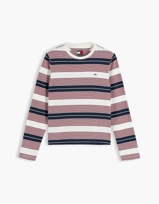 Tommy Jeans Flag embroidery jersey long sleeve t-shirt in off white / rwb stripe, 5 of 6