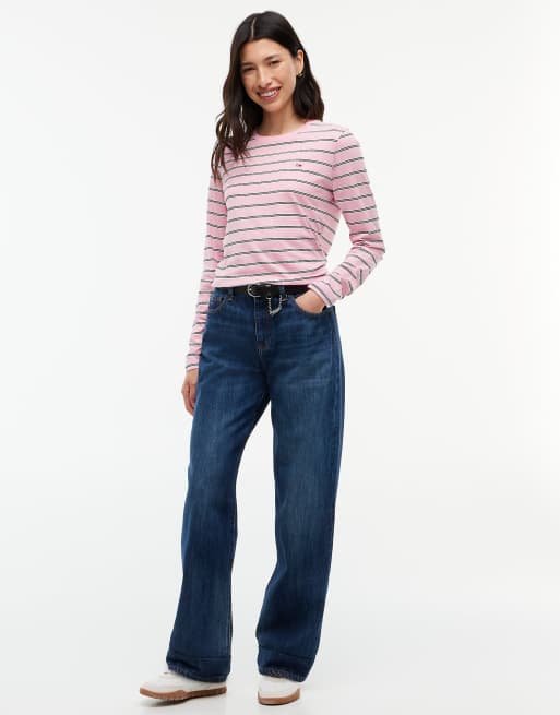 Tommy Jeans Flag embroidery jersey long sleeve t-shirt in pink sugar / stripe, 2 of 6