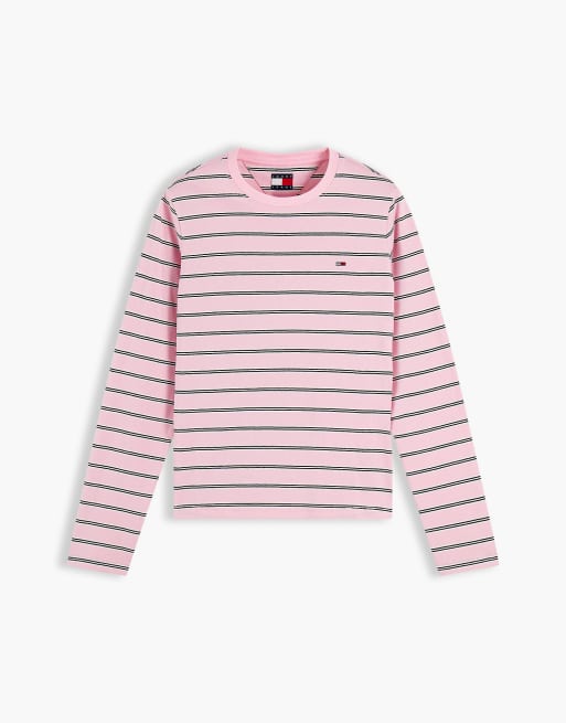 Tommy Jeans Flag embroidery jersey long sleeve t-shirt in pink sugar / stripe, 5 of 6
