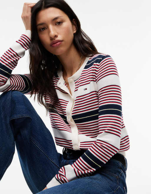 Tommy Jeans Flag embroidery slim crew neck cardigan in lavish red / stripe, 3 of 6