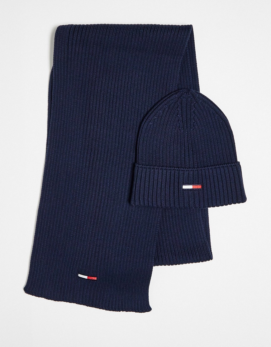 Tommy Jeans flag logo beanie and scarf set in navy