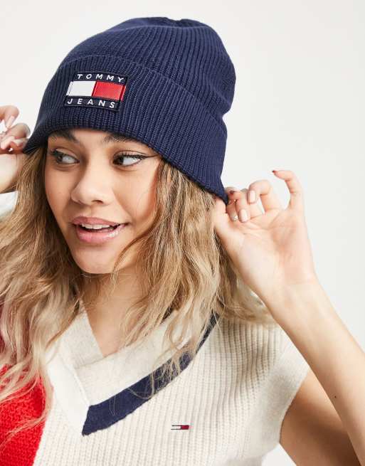 Tommy Jeans flag logo beanie hat in navy | ASOS