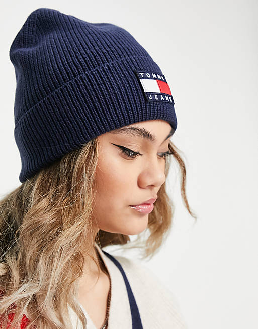 Tommy Jeans flag logo beanie hat in navy | ASOS