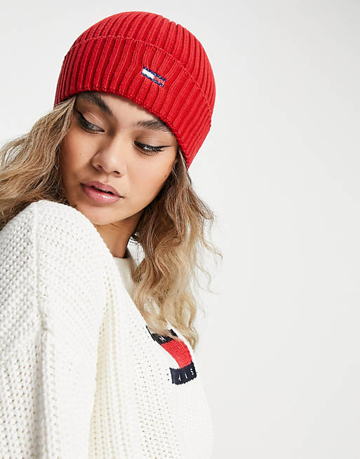 Tommy Jeans flag logo beanie hat in red | ASOS