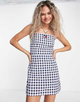 Navy gingham print bodycon dress sale