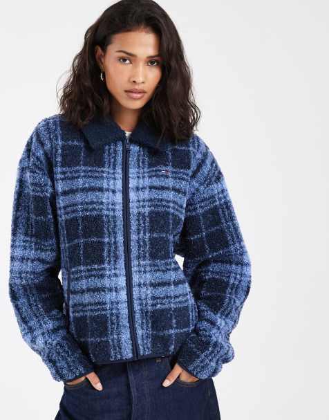 Tommy Jeans flag logo borg zip up jacket in blue check - view 1