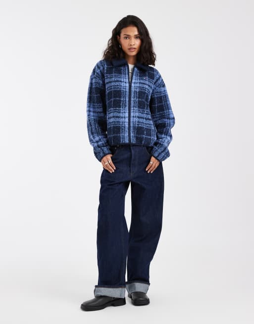 Tommy Jeans flag logo borg zip up jacket in blue check, 3 of 4