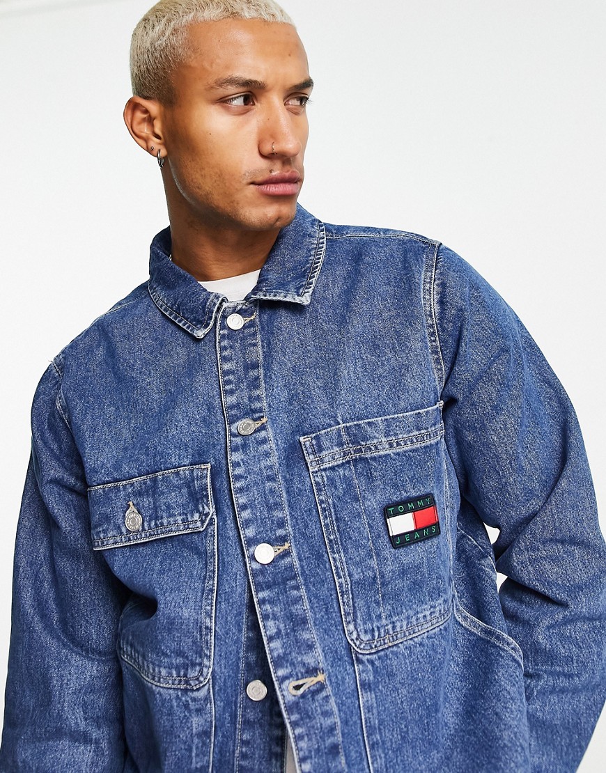 Tommy Jeans flag logo boxy denim shirt jacket in mid wash-Blues