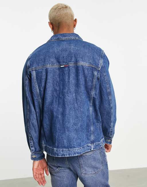 Tommy Jeans flag logo boxy denim shirt jacket in mid wash