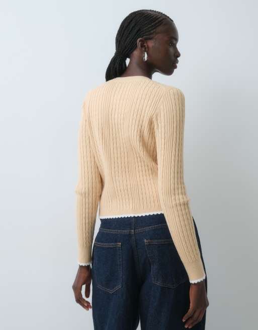 Tommy Jeans flag logo cable knit cardigan in beige, 3 of 5