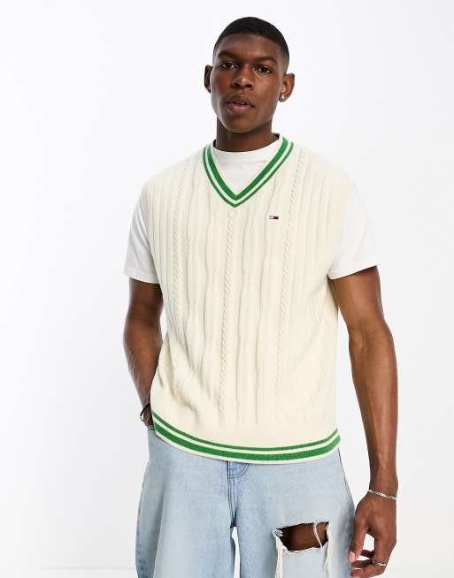 Tommy Jeans flag logo cable knit v neck sweater tank in cream ASOS