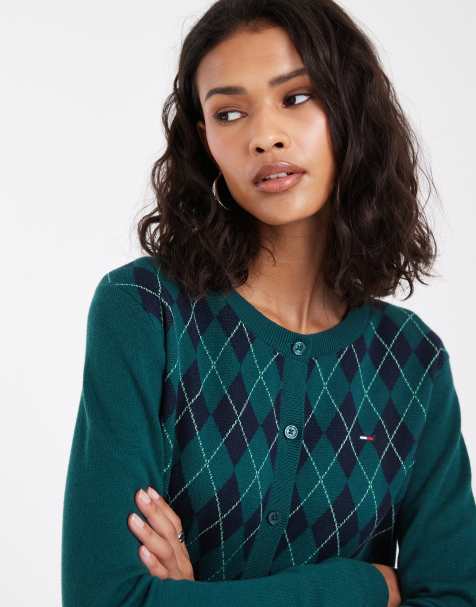 Tommy Jeans flag logo cardigan in dark green argyle - view 1