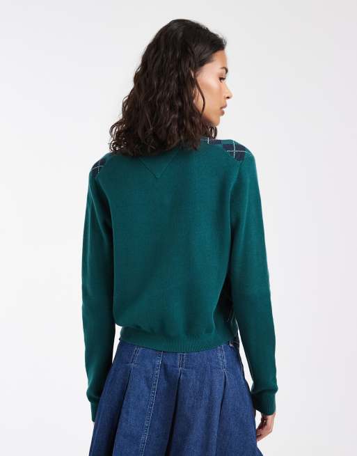 Tommy Jeans flag logo cardigan in dark green argyle, 4 of 4