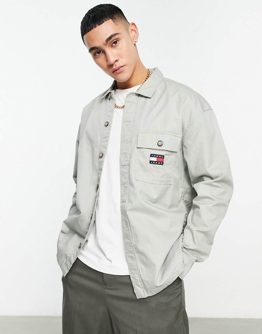 Tommy Jeans flag logo classic fit overshirt in beige-Neutral