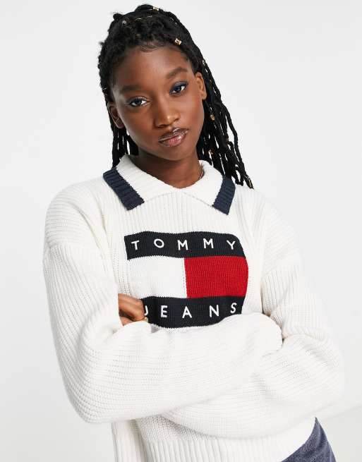 Tommy Jeans flag logo collared sweater in cream | ASOS