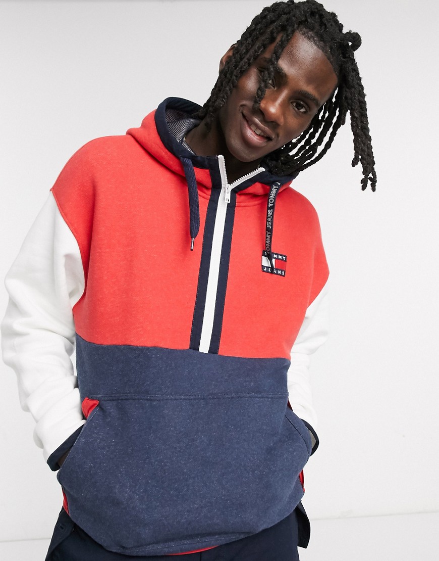 Tommy Jeans flag logo colourblock half zip hoodie in multi