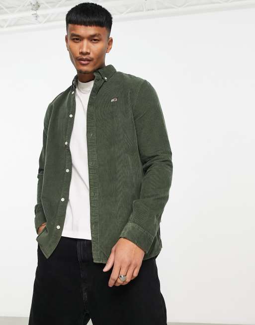 Tommy Jeans flag logo cord shirt in dark green | ASOS