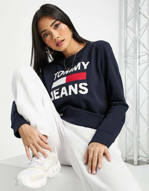 Tommy Jeans flag logo crew sweatshirt in navy