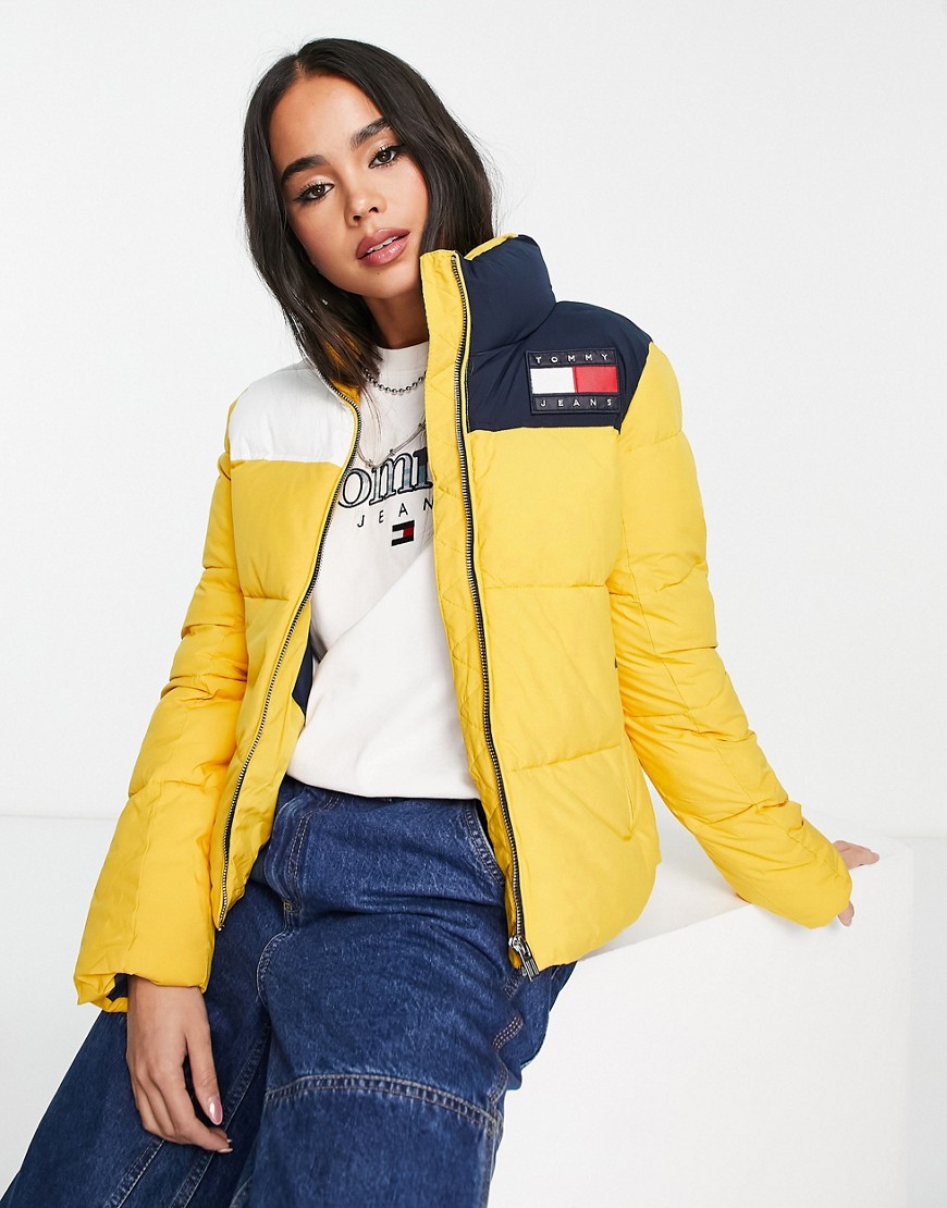 Tommy Jeans flag logo cropped puffer jacket in yellow multi