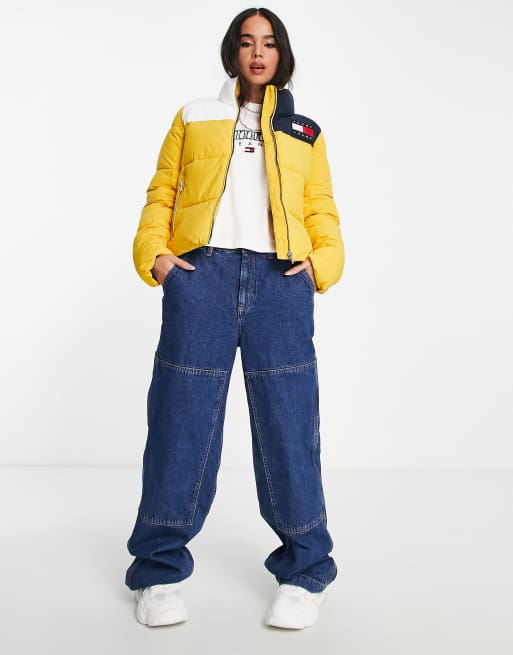 Tommy Jeans flag logo cropped puffer jacket in yellow multi