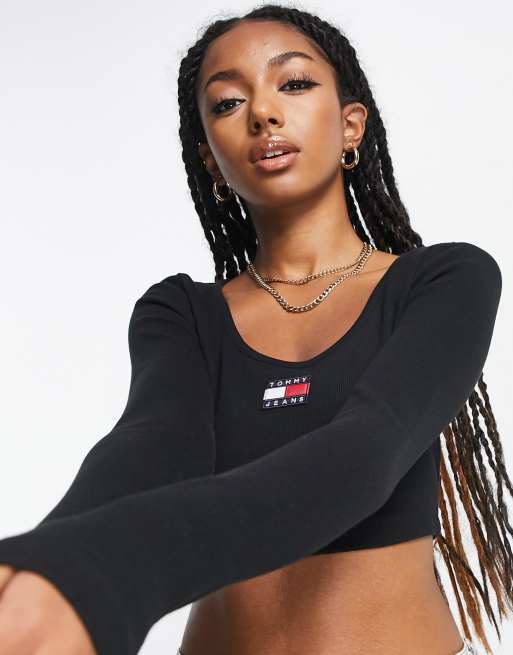 Tommy hilfiger logo long sleeve hot sale crop top