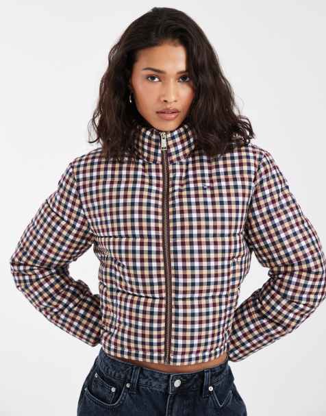 Tommy Jeans flag logo cropped zip up puffer jacket in check - view 1