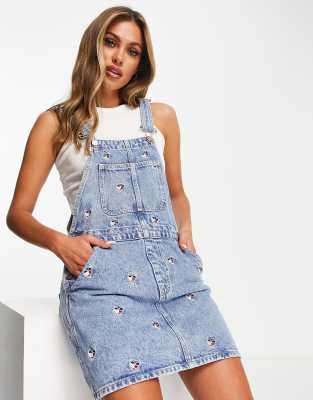 Tommy Jeans flag logo dungaree dress in light wash