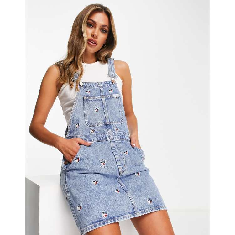 Tommy Jeans logo detail denim dungaree dress in blue